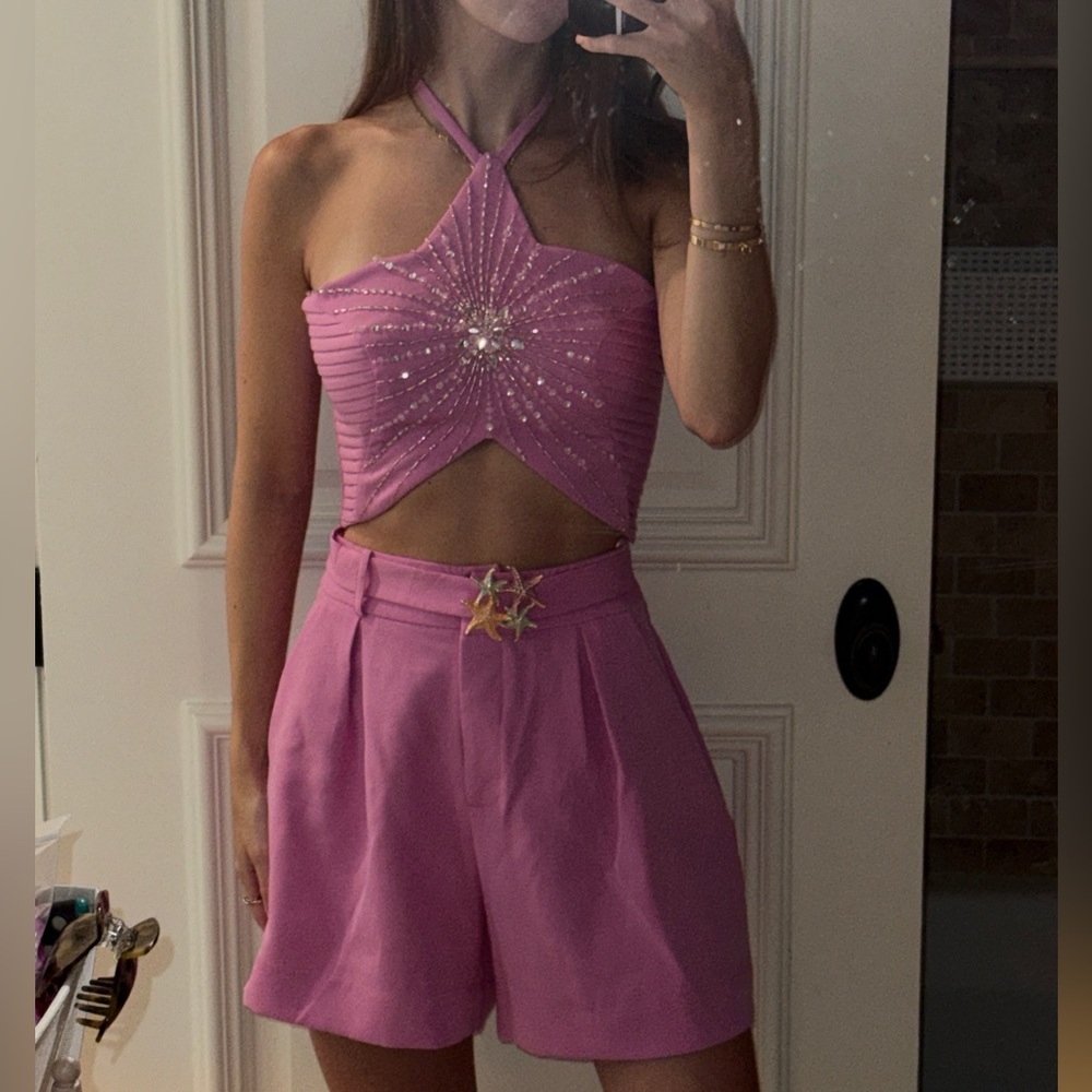 PatBO Vick Pink Star Embellished Crop Top & Pleated Shorts Set - Picture 5 of 13